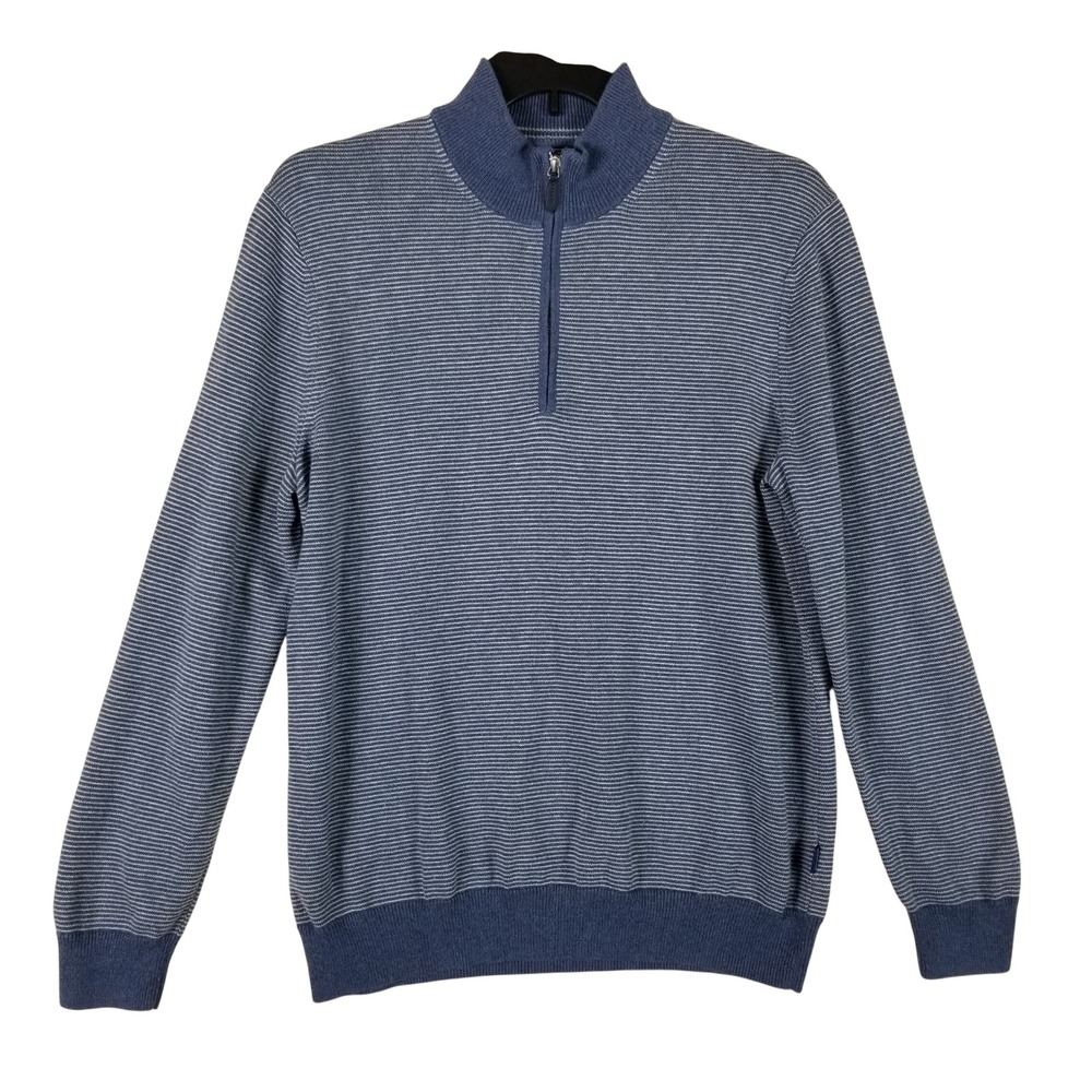 Vineyard Vines Quarter Zip Pullover Mens L Blue Striped Merino Wool Cotton Blend